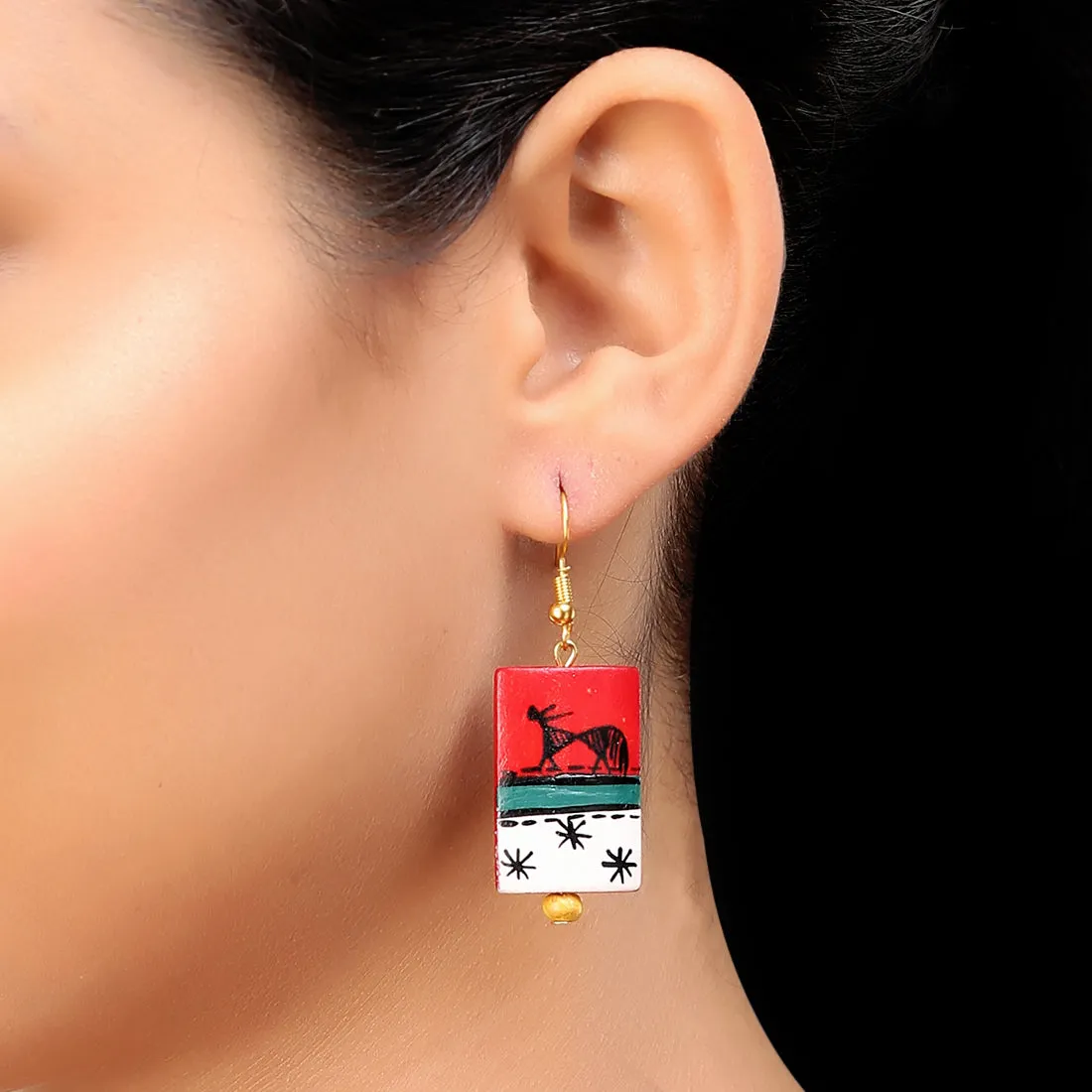 'Tribal Warli Rectangles' Bohemian Resin Earrings Hand-painted In Warli Art (Deep Red)