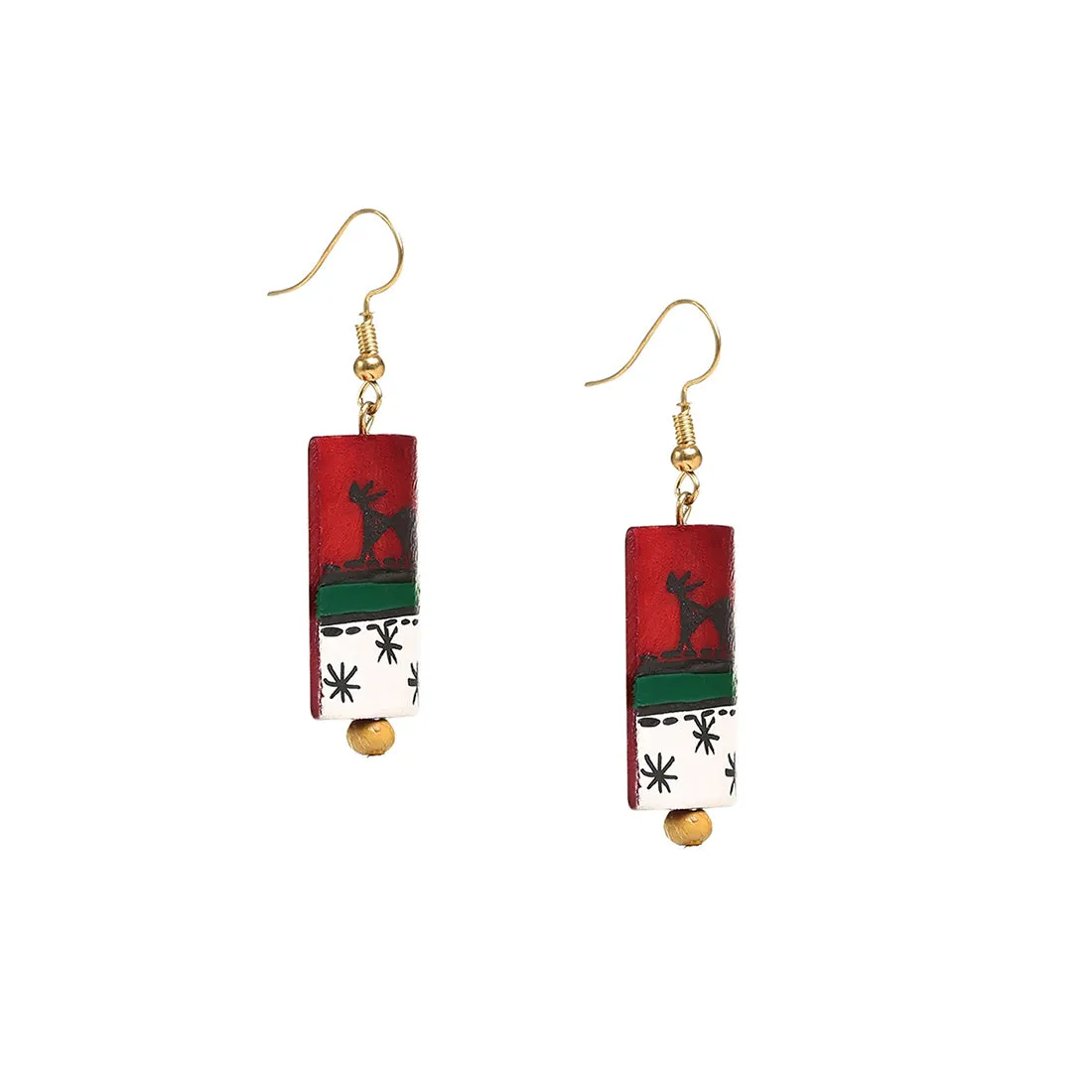 'Tribal Warli Rectangles' Bohemian Resin Earrings Hand-painted In Warli Art (Deep Red)