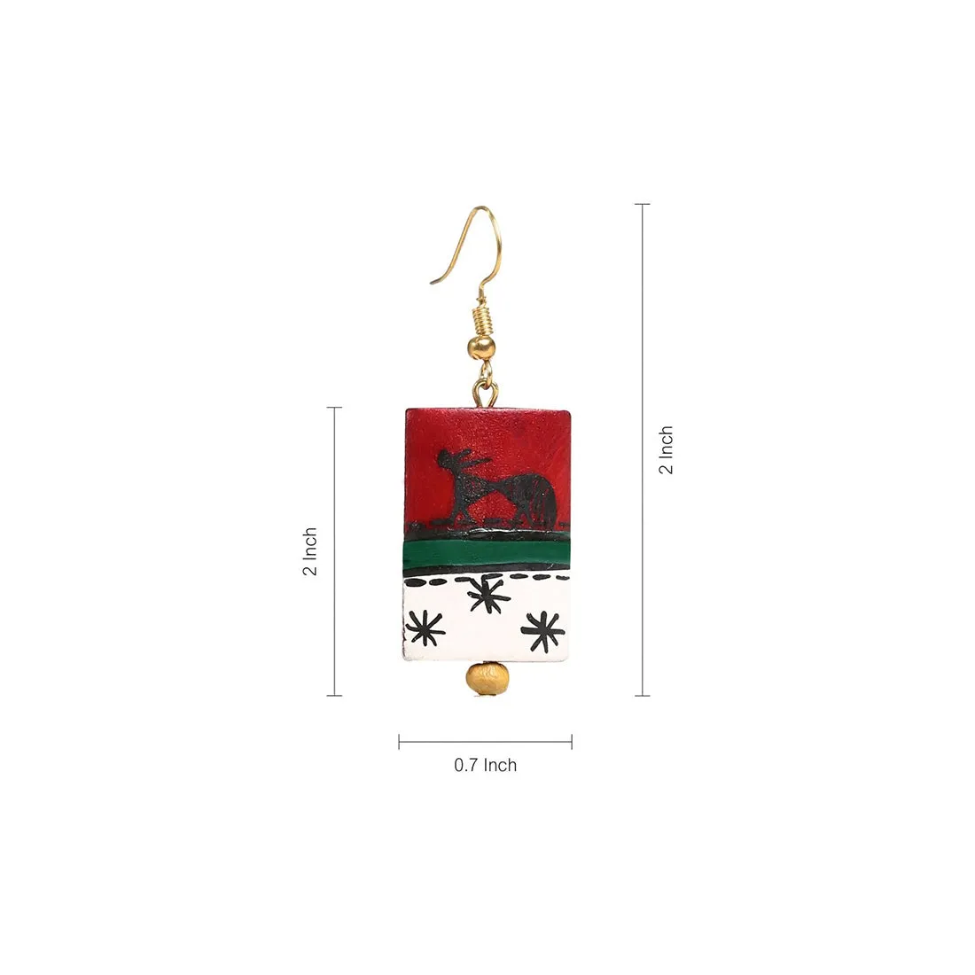 'Tribal Warli Rectangles' Bohemian Resin Earrings Hand-painted In Warli Art (Deep Red)