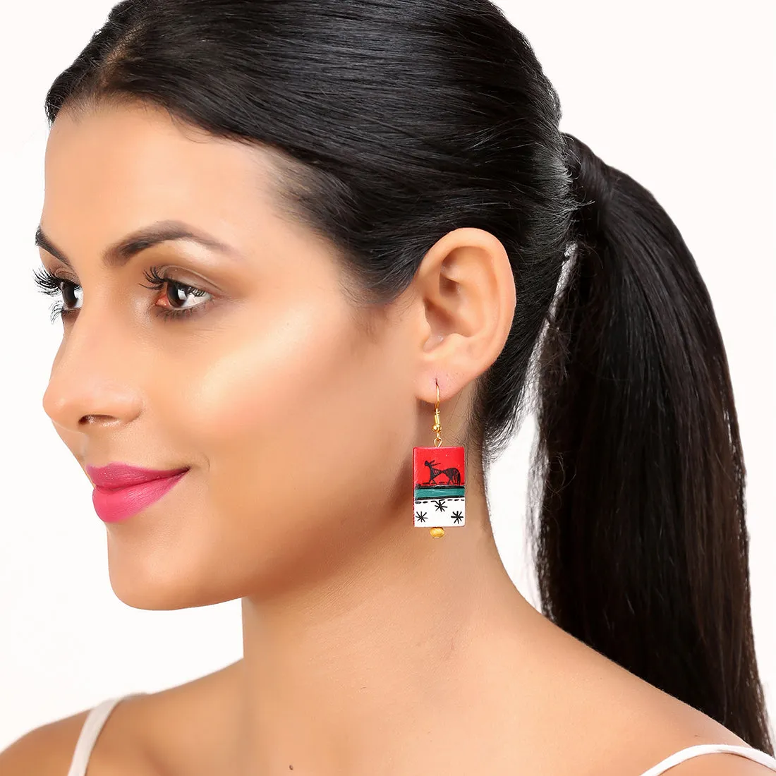 'Tribal Warli Rectangles' Bohemian Resin Earrings Hand-painted In Warli Art (Deep Red)