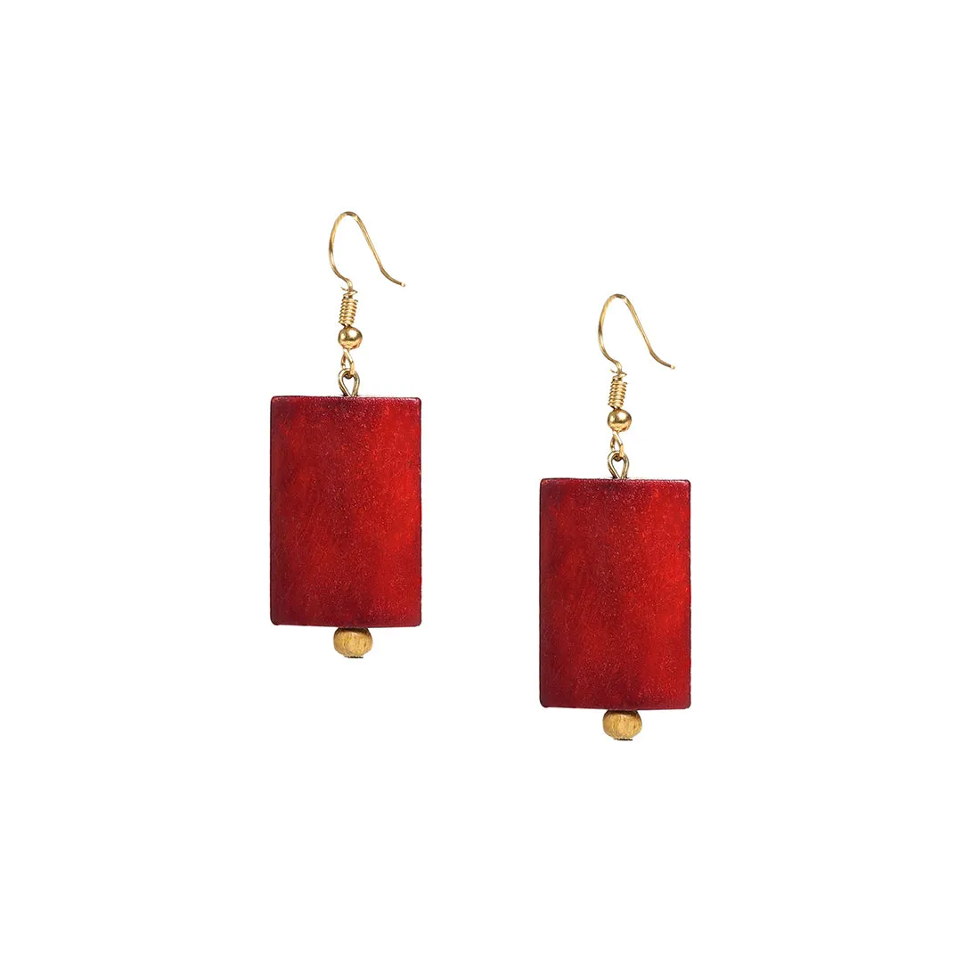 'Tribal Warli Rectangles' Bohemian Resin Earrings Hand-painted In Warli Art (Deep Red)