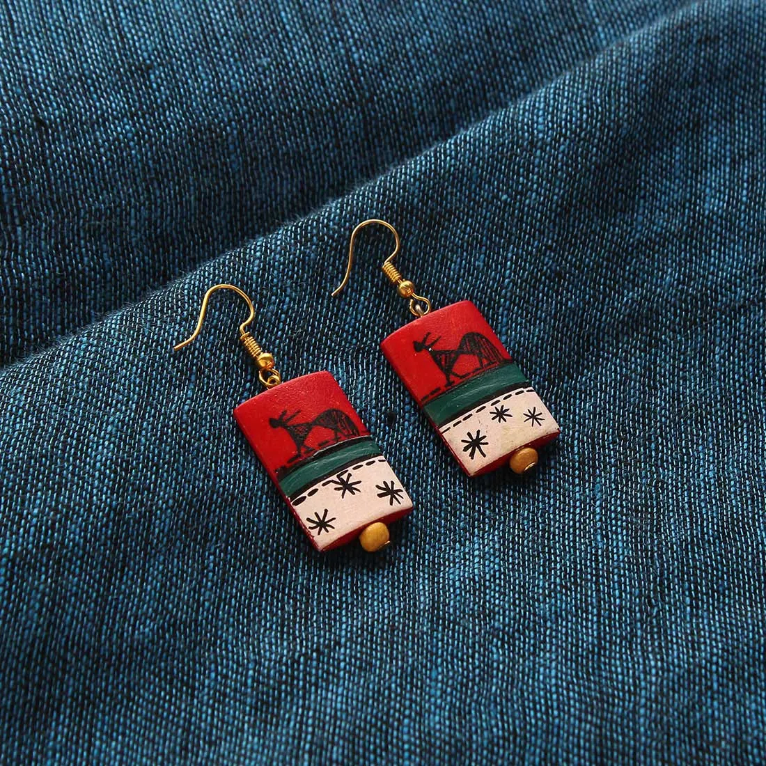 'Tribal Warli Rectangles' Bohemian Resin Earrings Hand-painted In Warli Art (Deep Red)