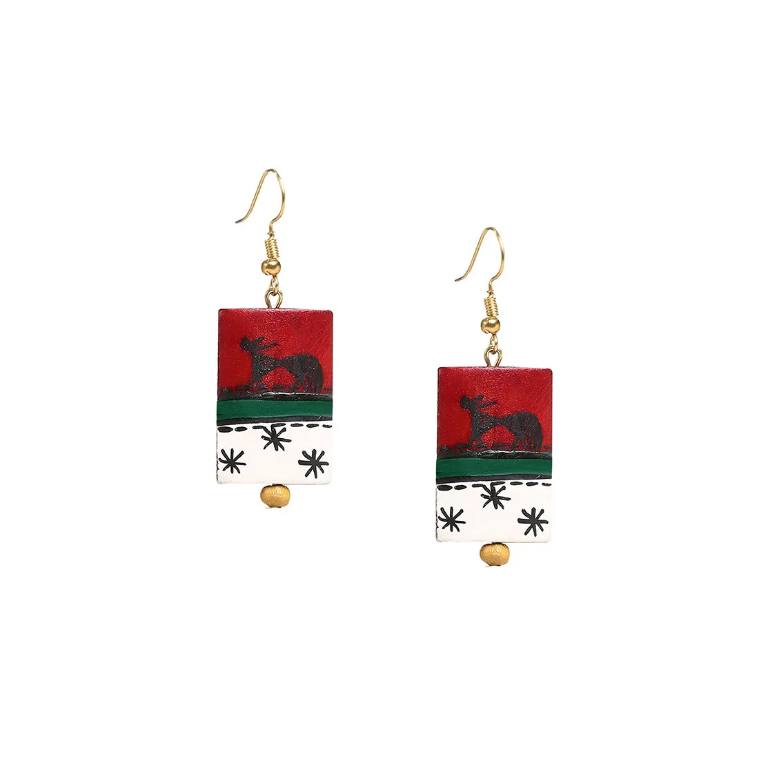 'Tribal Warli Rectangles' Bohemian Resin Earrings Hand-painted In Warli Art (Deep Red)