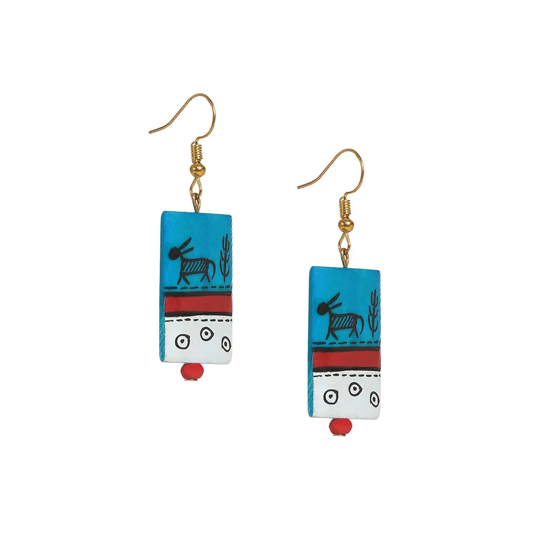 'Tribal Warli Rectangles' Bohemian Resin Earrings Hand-painted In Warli Art (Teal Blue)