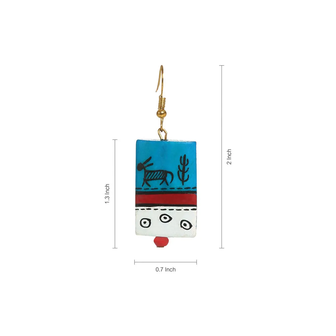 'Tribal Warli Rectangles' Bohemian Resin Earrings Hand-painted In Warli Art (Teal Blue)