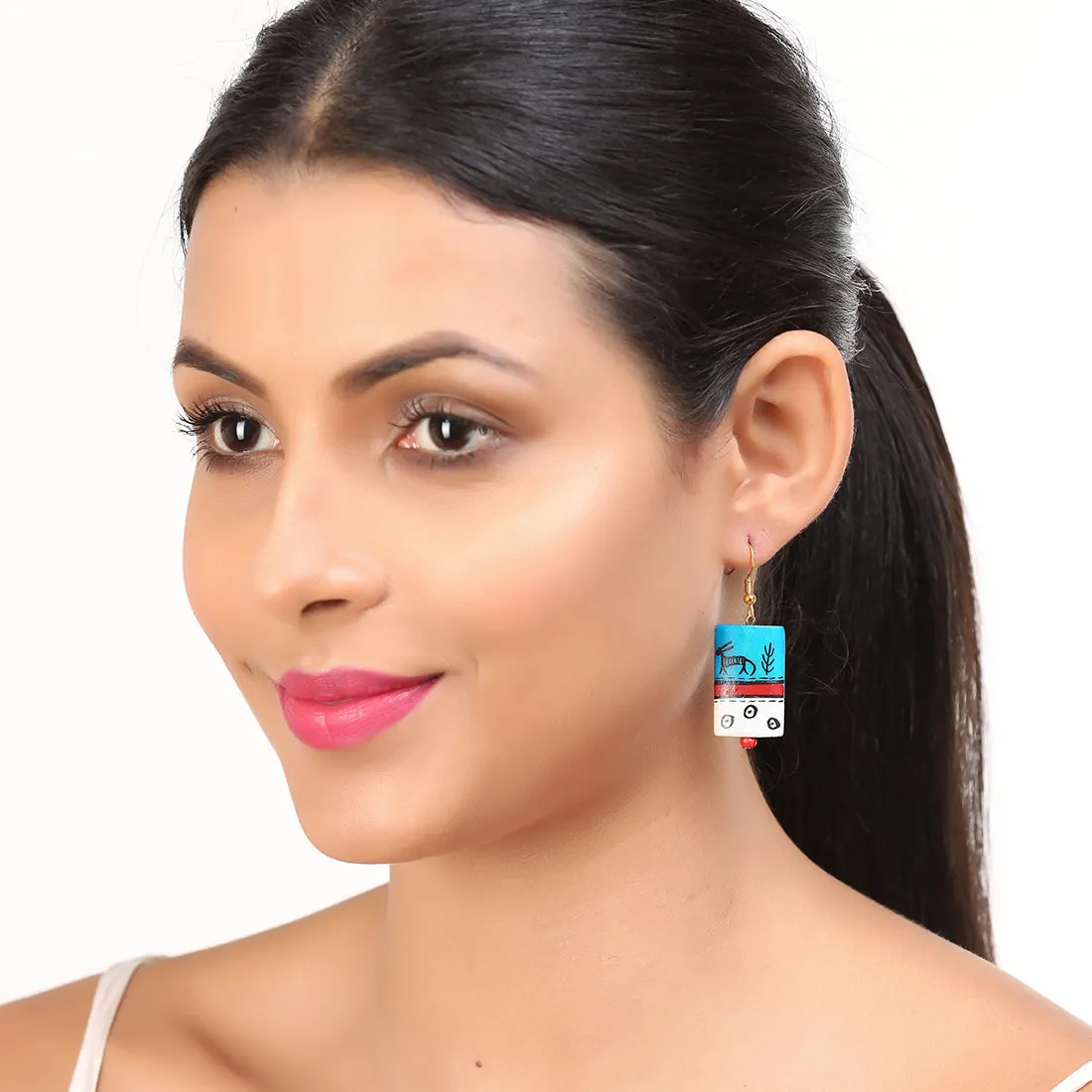 'Tribal Warli Rectangles' Bohemian Resin Earrings Hand-painted In Warli Art (Teal Blue)