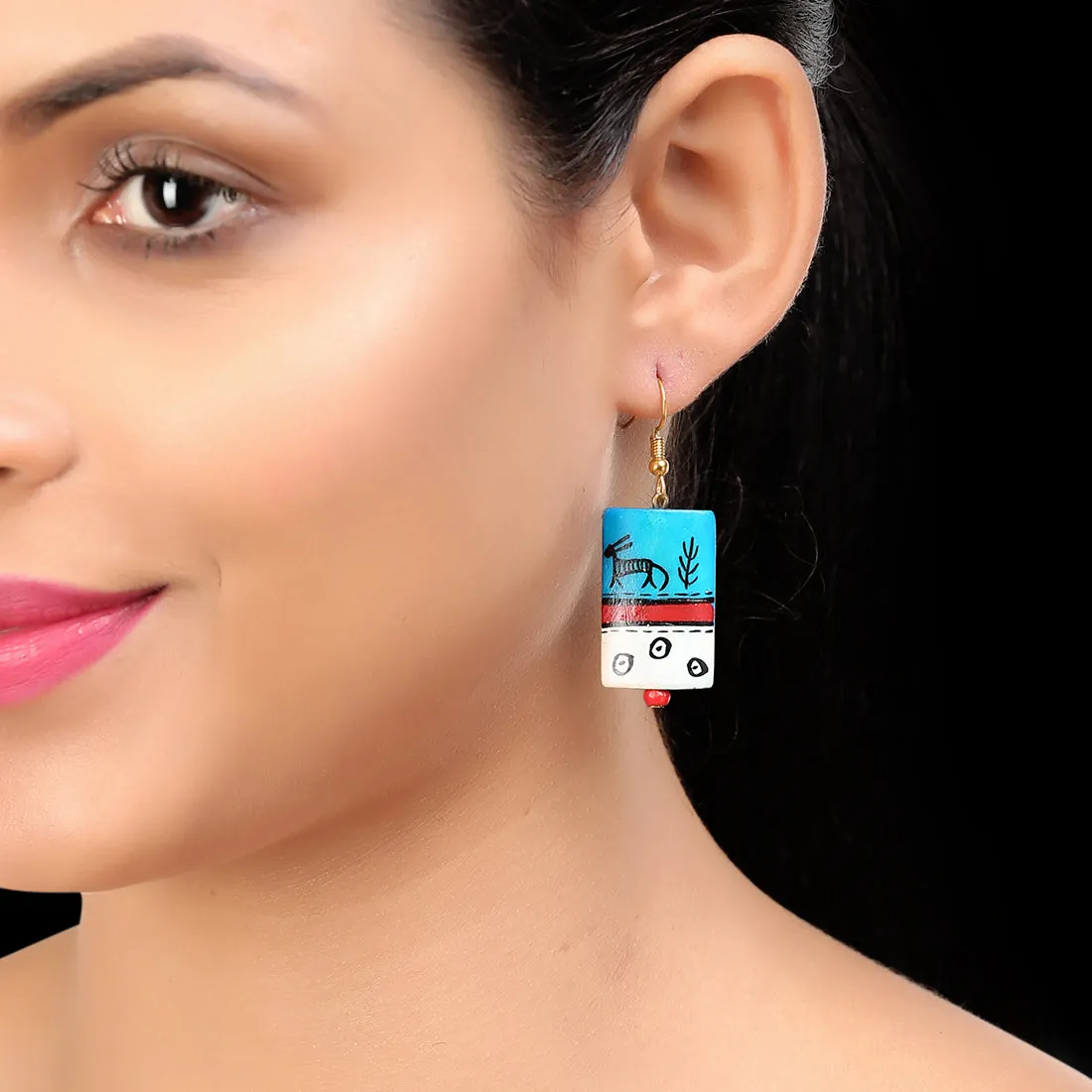 'Tribal Warli Rectangles' Bohemian Resin Earrings Hand-painted In Warli Art (Teal Blue)