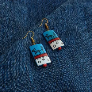 'Tribal Warli Rectangles' Bohemian Resin Earrings Hand-painted In Warli Art (Teal Blue)