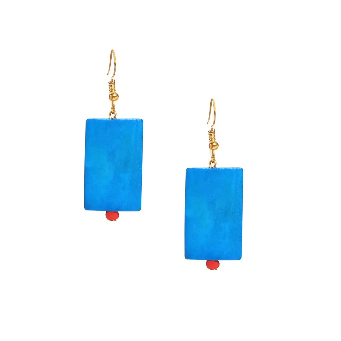 'Tribal Warli Rectangles' Bohemian Resin Earrings Hand-painted In Warli Art (Teal Blue)