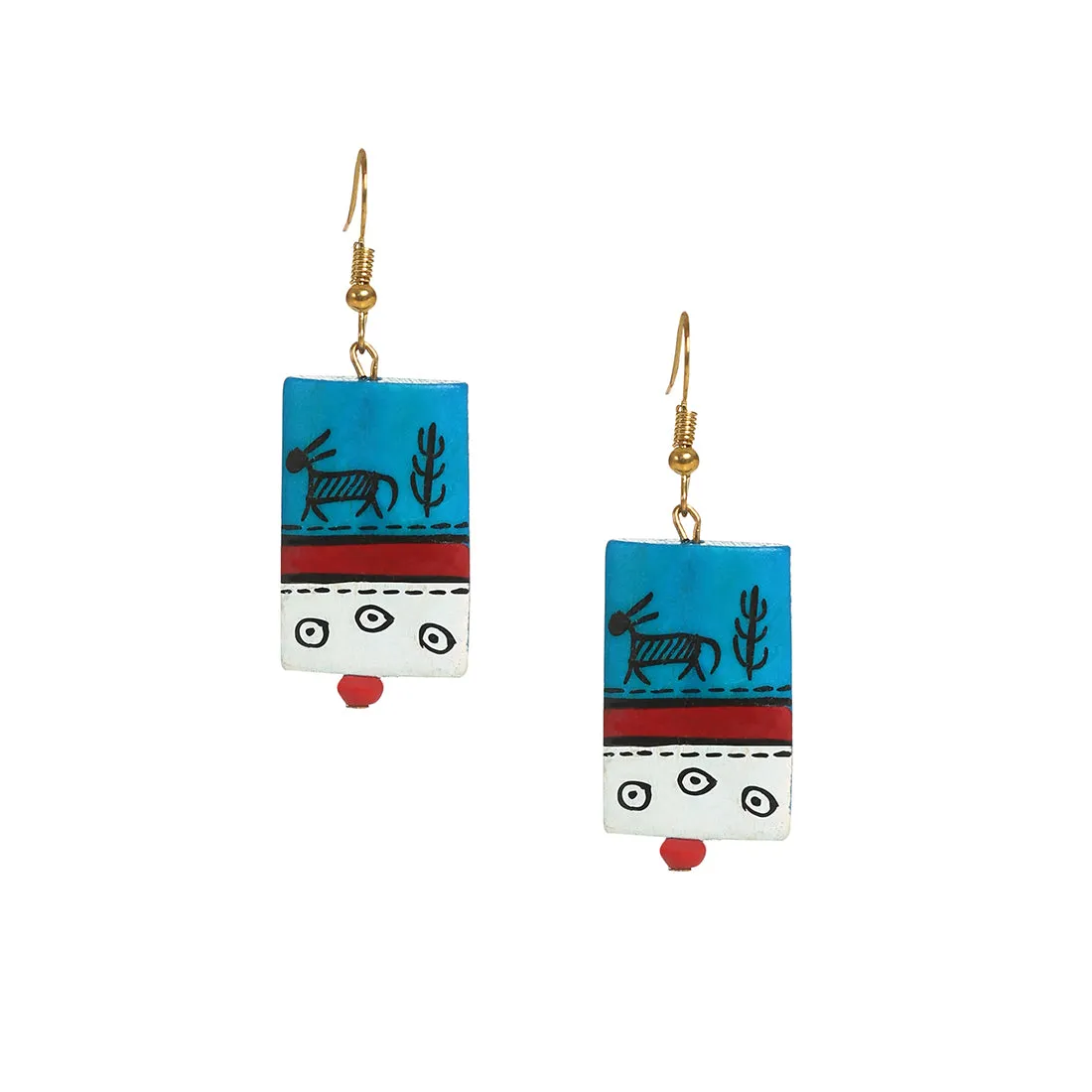 'Tribal Warli Rectangles' Bohemian Resin Earrings Hand-painted In Warli Art (Teal Blue)