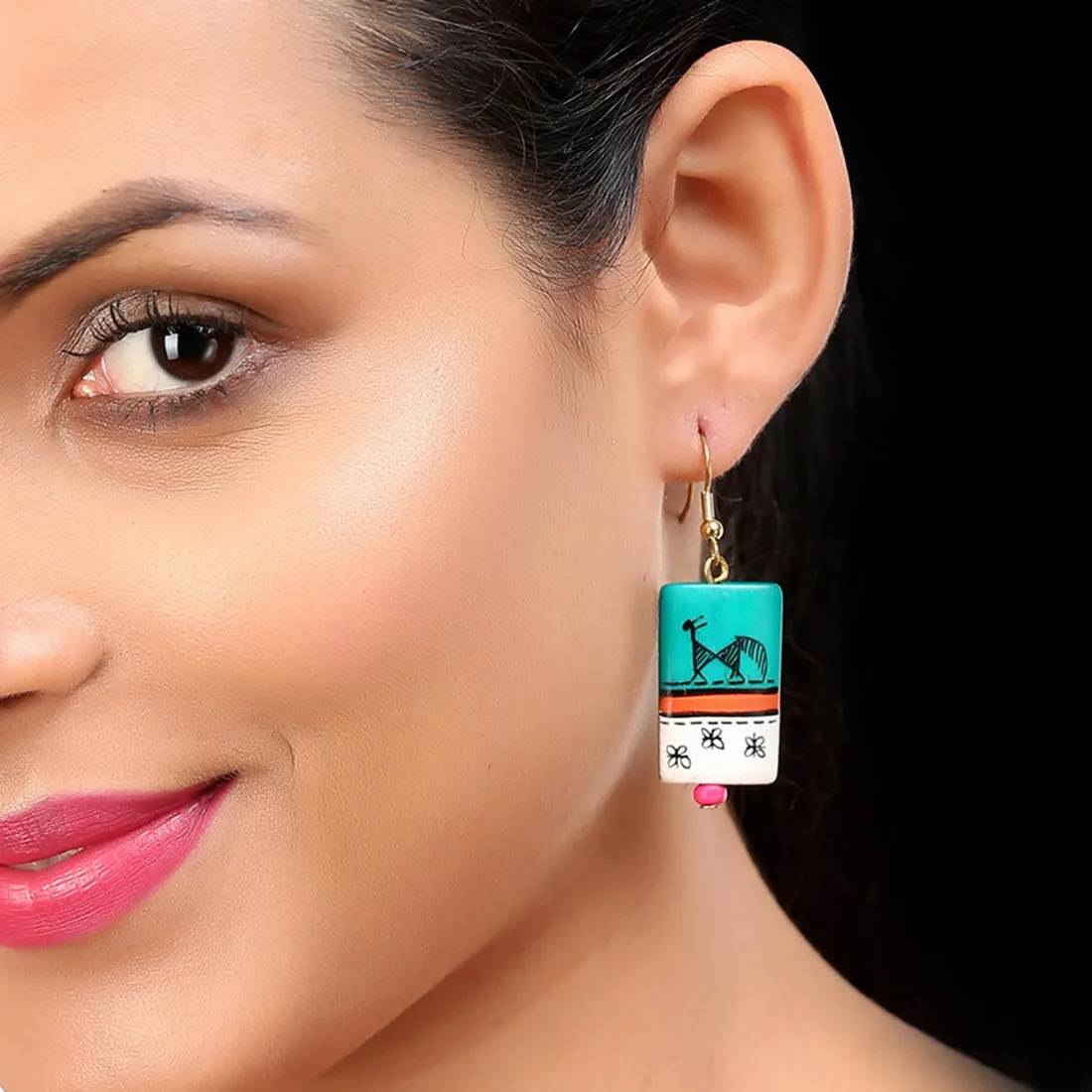 'Tribal Warli Rectangles' Bohemian Resin Earrings Hand-painted In Warli Art (Teal Green)