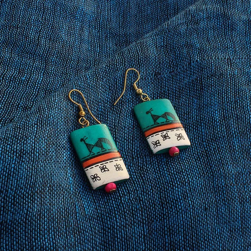 'Tribal Warli Rectangles' Bohemian Resin Earrings Hand-painted In Warli Art (Teal Green)