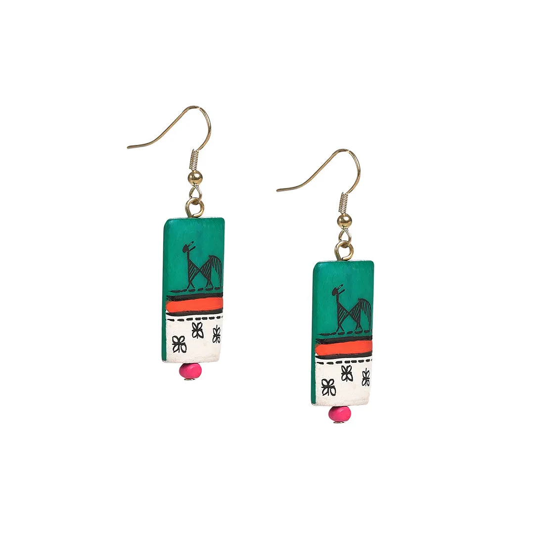 'Tribal Warli Rectangles' Bohemian Resin Earrings Hand-painted In Warli Art (Teal Green)