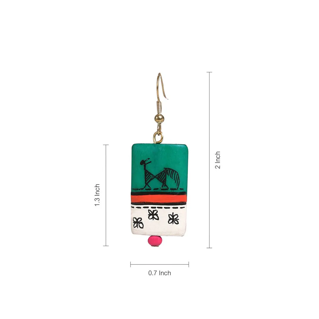 'Tribal Warli Rectangles' Bohemian Resin Earrings Hand-painted In Warli Art (Teal Green)