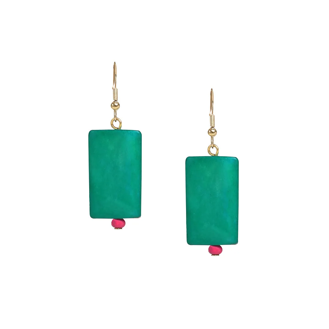 'Tribal Warli Rectangles' Bohemian Resin Earrings Hand-painted In Warli Art (Teal Green)