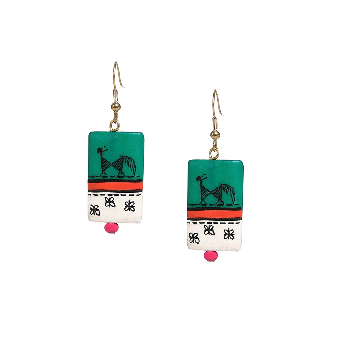 'Tribal Warli Rectangles' Bohemian Resin Earrings Hand-painted In Warli Art (Teal Green)