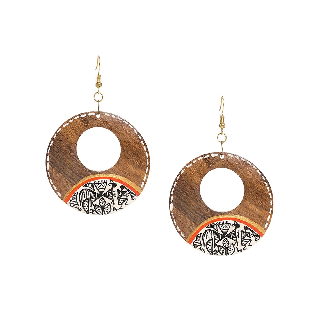 'Tribal Warli Rounds' Bohemian Earrings Hand-painted In Warli Art (Sheesham Wood)