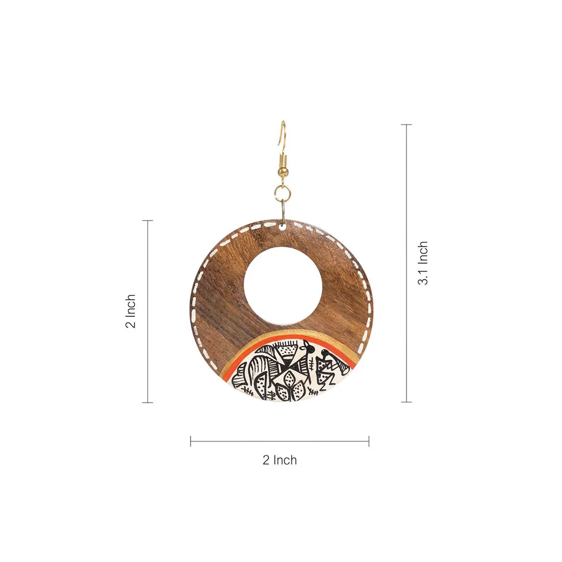 'Tribal Warli Rounds' Bohemian Earrings Hand-painted In Warli Art (Sheesham Wood)