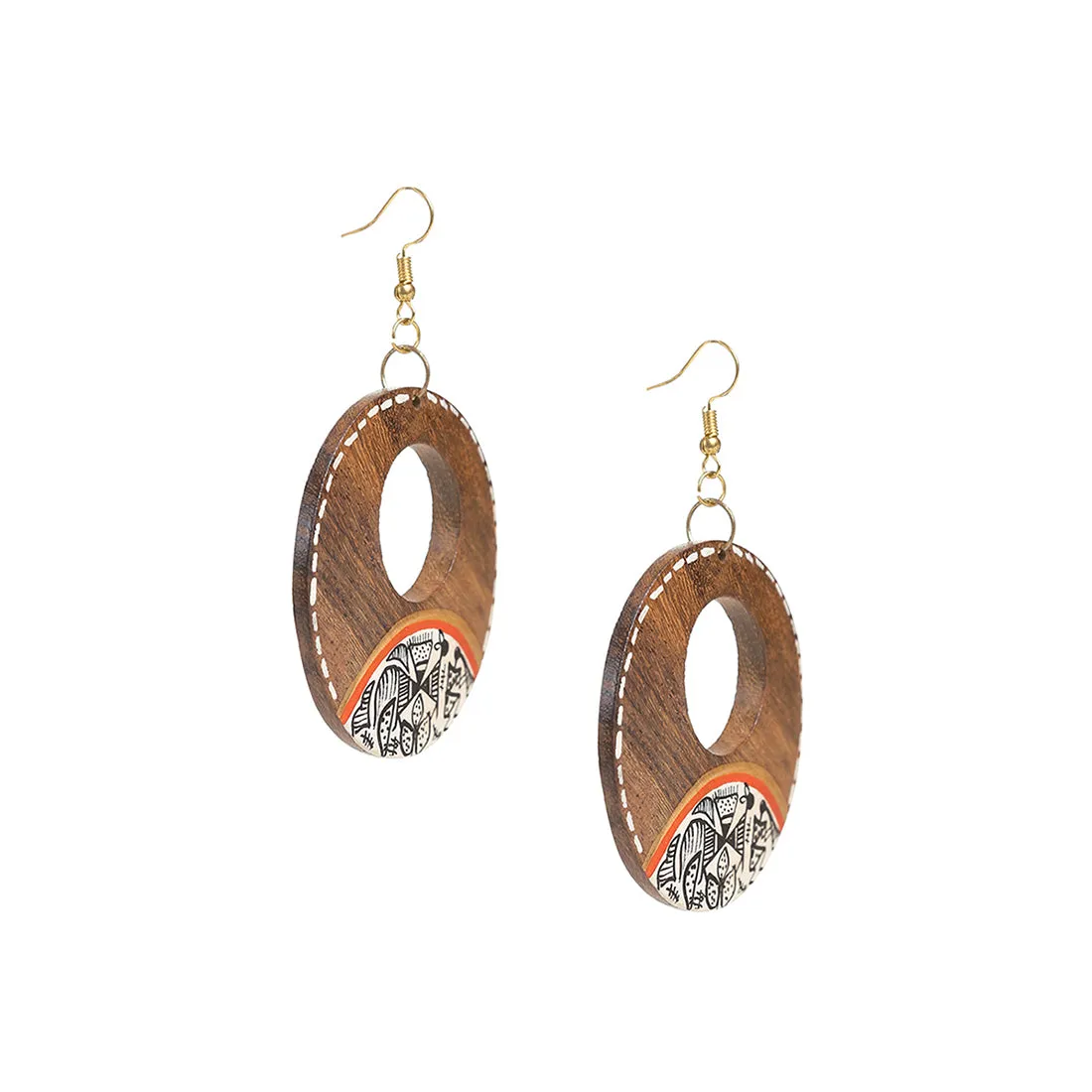 'Tribal Warli Rounds' Bohemian Earrings Hand-painted In Warli Art (Sheesham Wood)