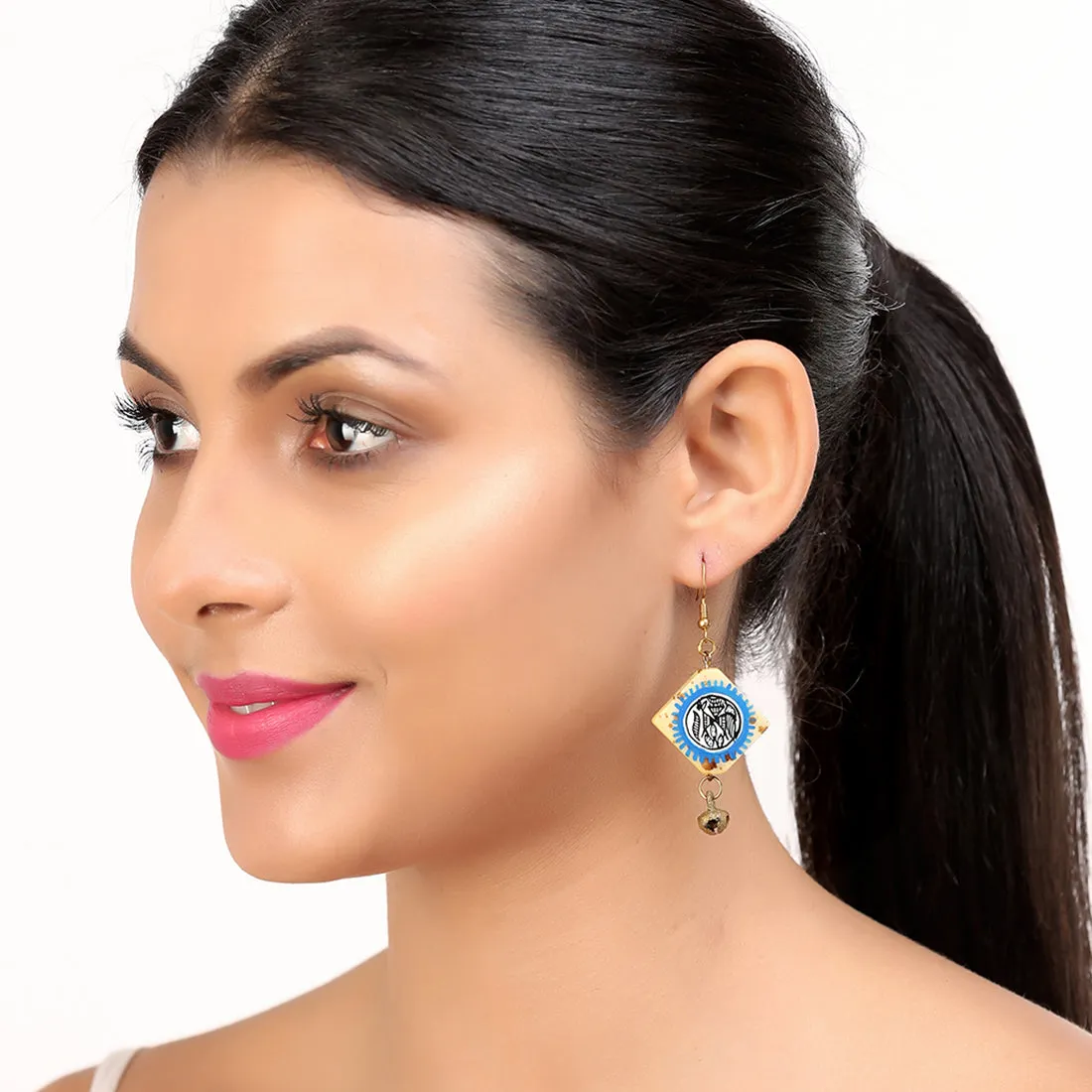 'Tribal Warli Squares' Bohemian Resin Earrings Hand-painted In Warli Art (Blue & Ivory)