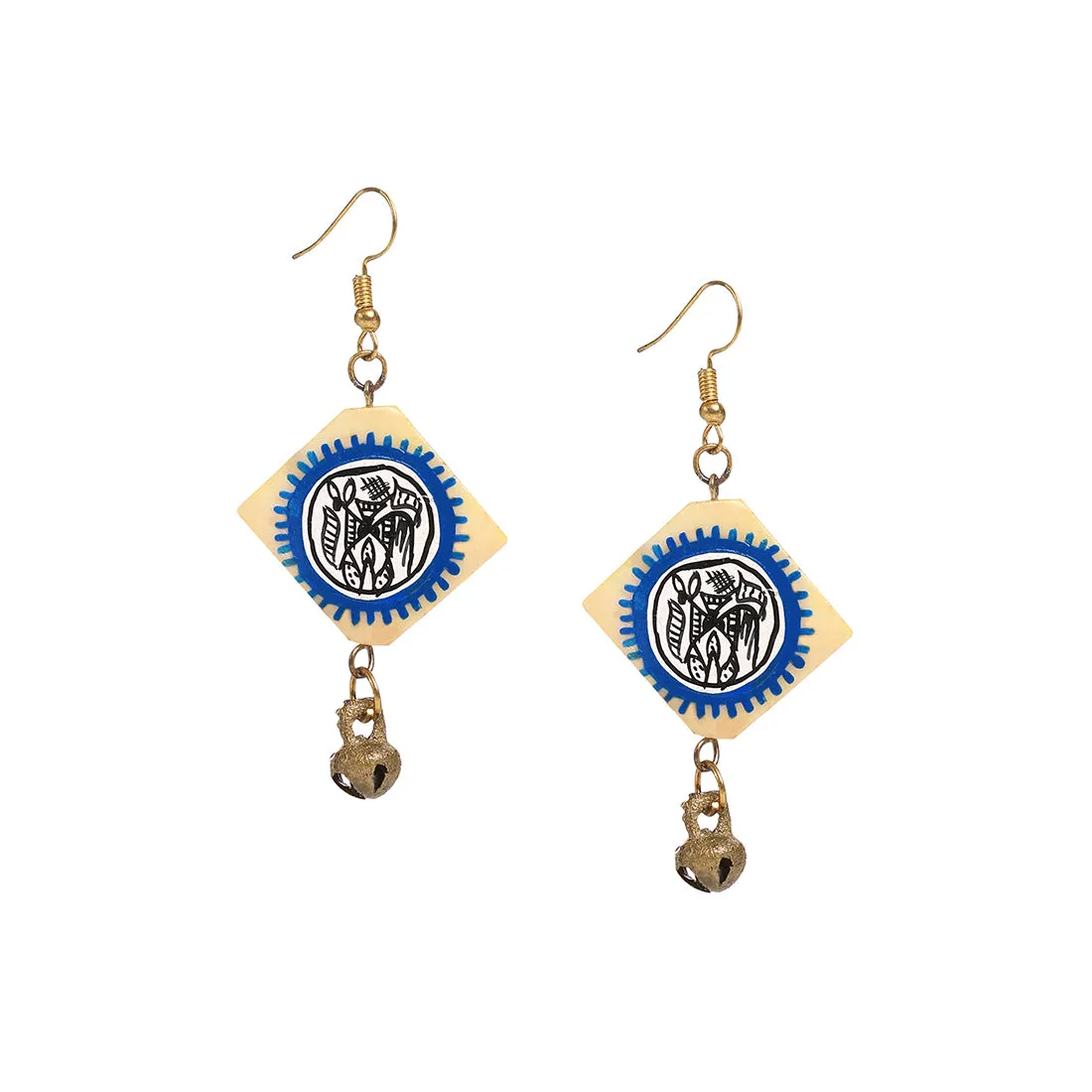 'Tribal Warli Squares' Bohemian Resin Earrings Hand-painted In Warli Art (Blue & Ivory)