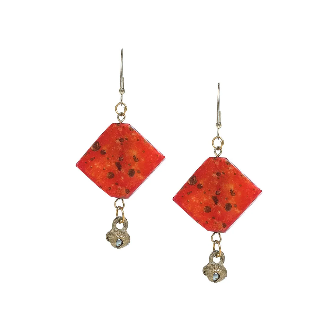 'Tribal Warli Squares' Bohemian Resin Earrings Hand-painted In Warli Art (Red)