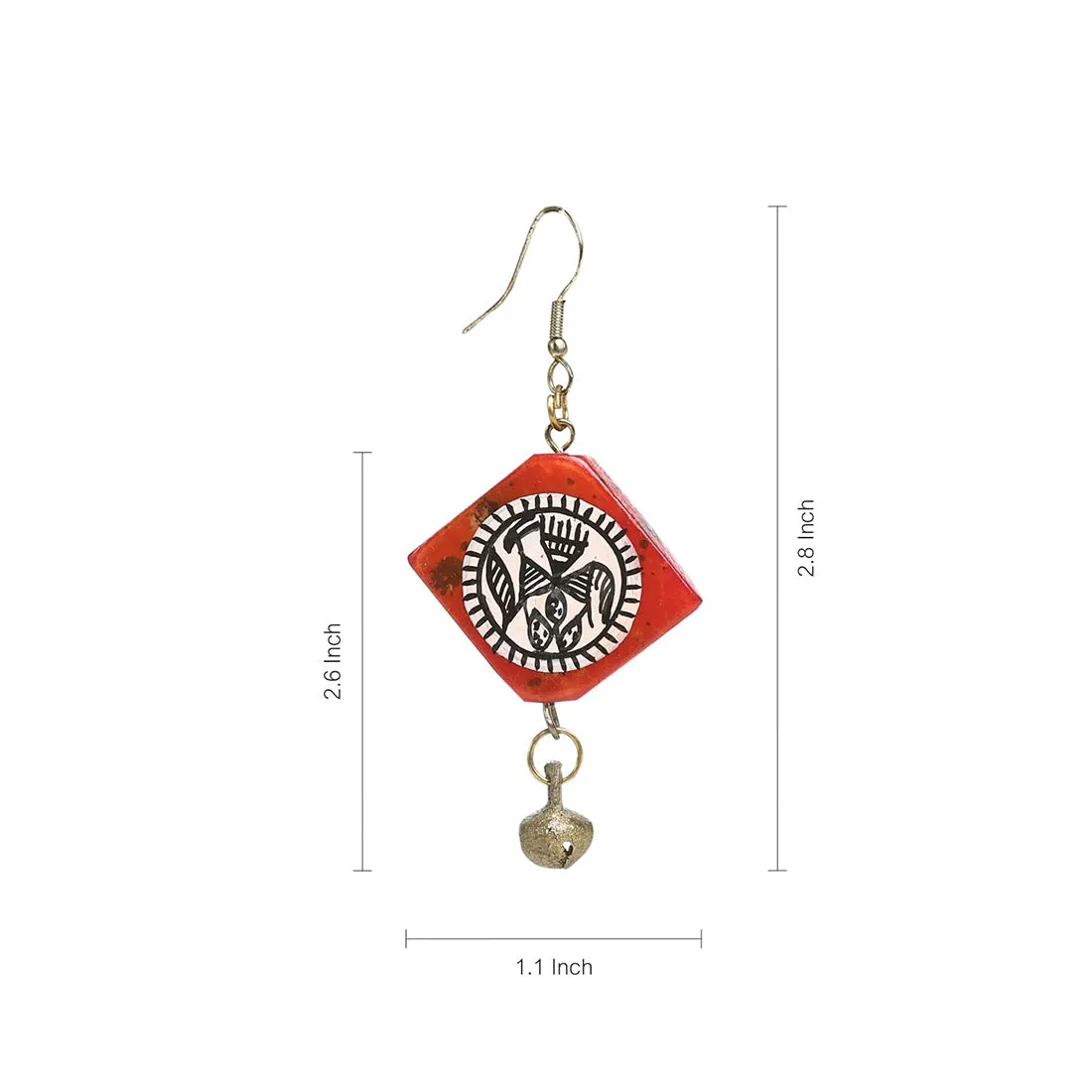 'Tribal Warli Squares' Bohemian Resin Earrings Hand-painted In Warli Art (Red)