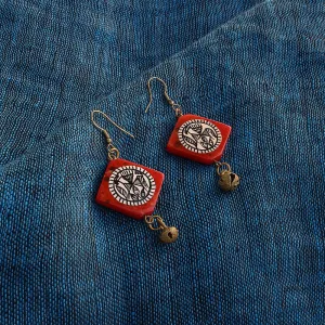 'Tribal Warli Squares' Bohemian Resin Earrings Hand-painted In Warli Art (Red)