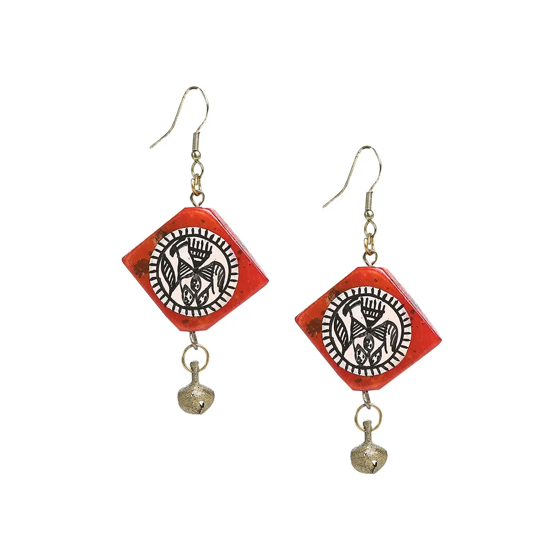 'Tribal Warli Squares' Bohemian Resin Earrings Hand-painted In Warli Art (Red)