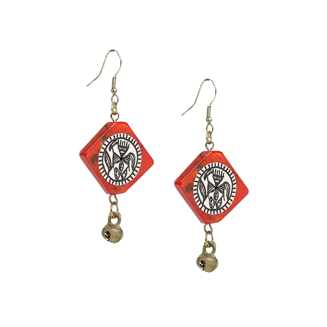 'Tribal Warli Squares' Bohemian Resin Earrings Hand-painted In Warli Art (Red)