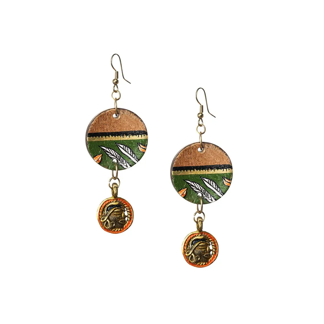 'Tribal Women' Bohemian Beaded Coconut Shell & Brass Earrings (Dhokra Art, Handcrafted & Hand-Painted)