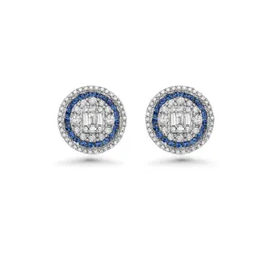 Triple Halo Diamonds & Blue Sapphires Round Shape Studs Earrings (1.00 ct.) in 14K Gold