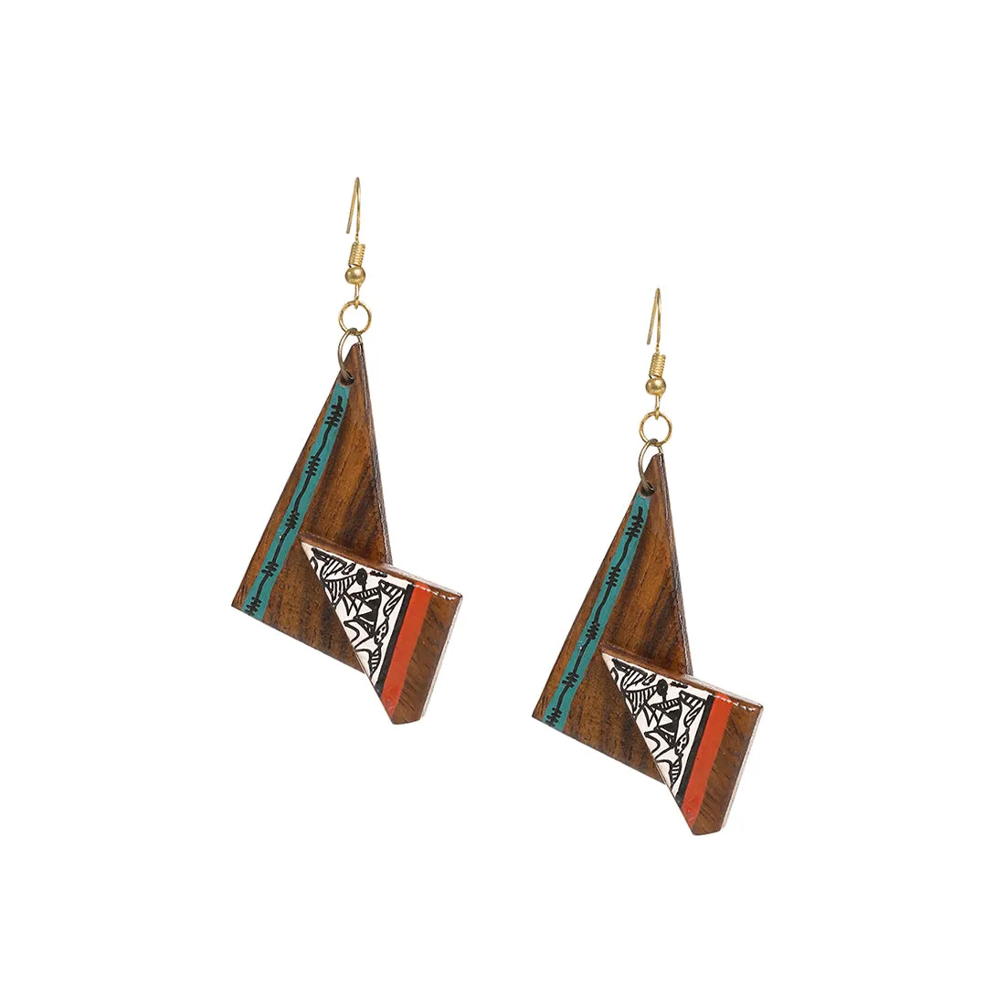 'Twisted Tribal Warli' Bohemian Earrings Hand-painted In Warli Art (Sheesham Wood)