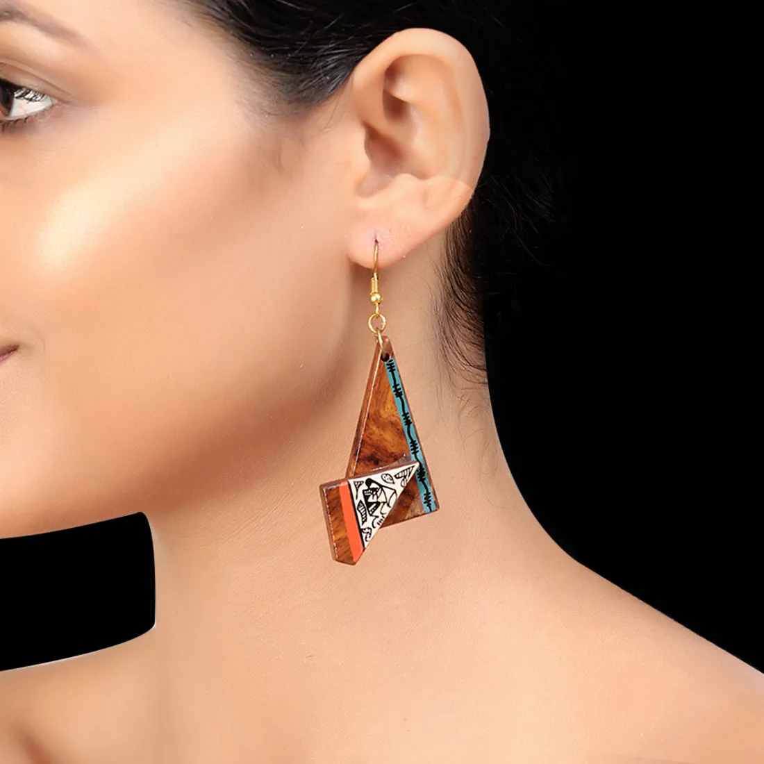 'Twisted Tribal Warli' Bohemian Earrings Hand-painted In Warli Art (Sheesham Wood)