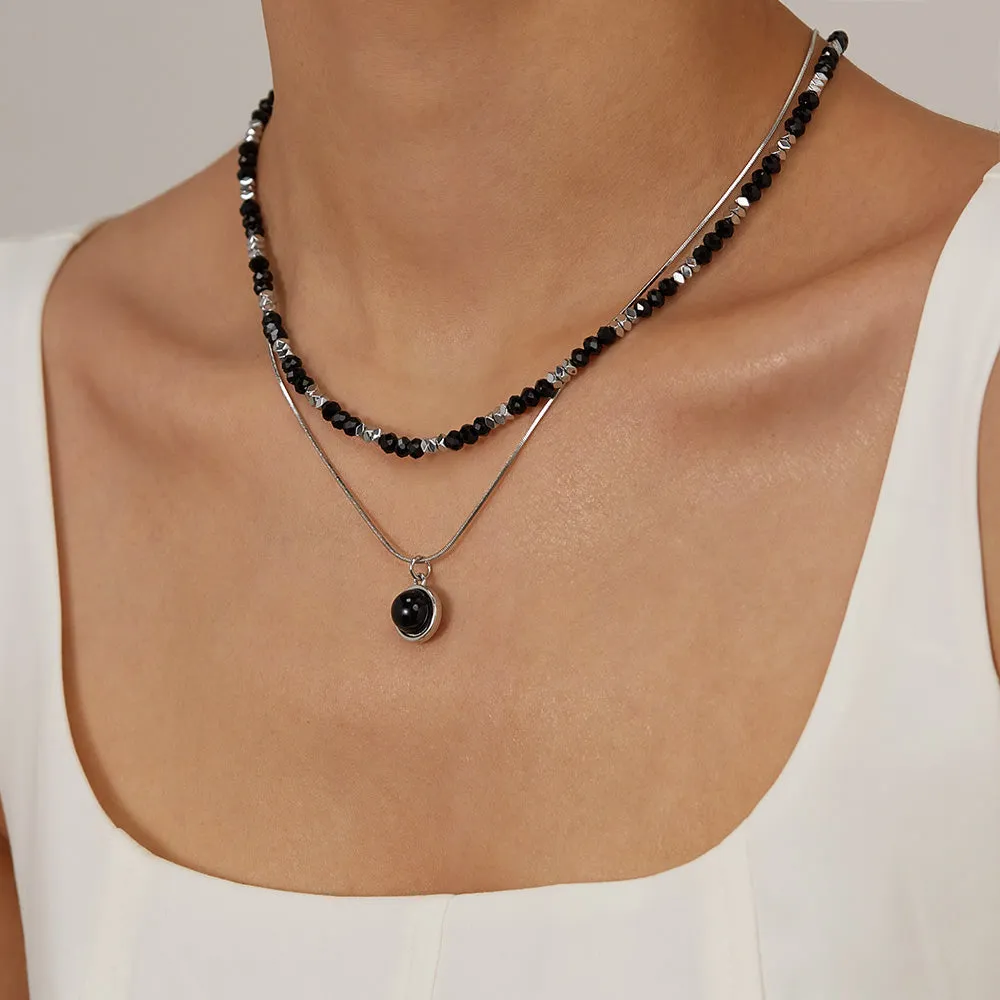 Women’s Titanium Stainless Steel Layered Black Bead Pendant Necklace – Minimalist and Stylish Fashion Jewelry for Casual and Formal Occasions