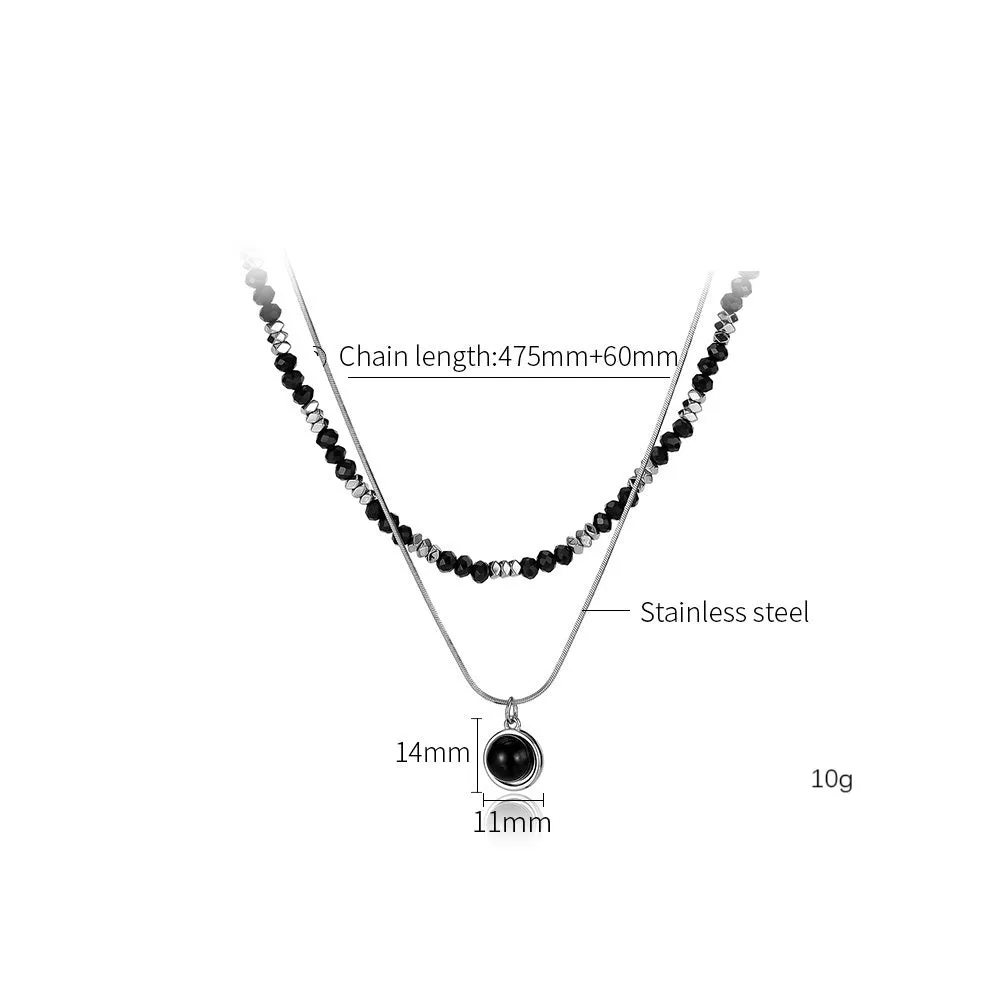 Women’s Titanium Stainless Steel Layered Black Bead Pendant Necklace – Minimalist and Stylish Fashion Jewelry for Casual and Formal Occasions