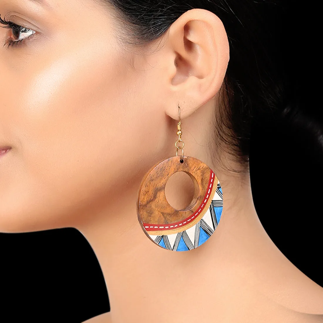 'Zig-Zag Pair' Bohemian Earrings Hand-painted In Zig-Zag Pattern (Sheesham Wood)