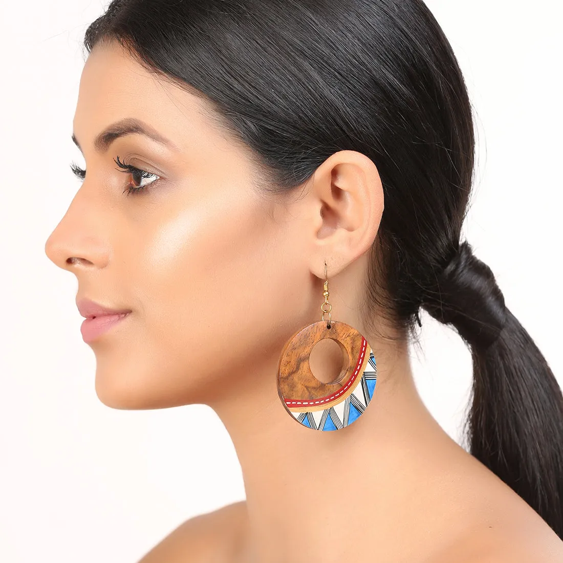 'Zig-Zag Pair' Bohemian Earrings Hand-painted In Zig-Zag Pattern (Sheesham Wood)